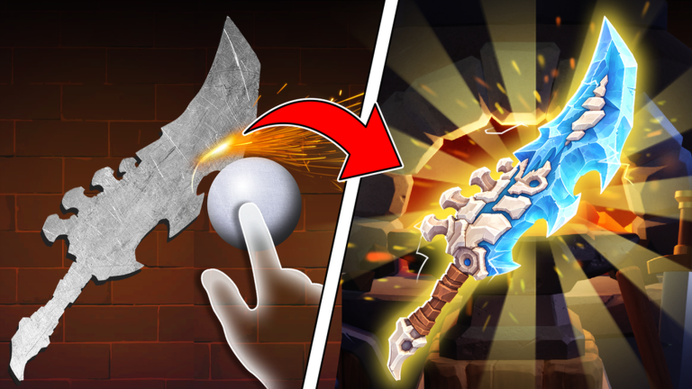 A crucible pouring molten metal onto a glowing sword inside a stone forge, with the game's press-E Forge prompt visible.