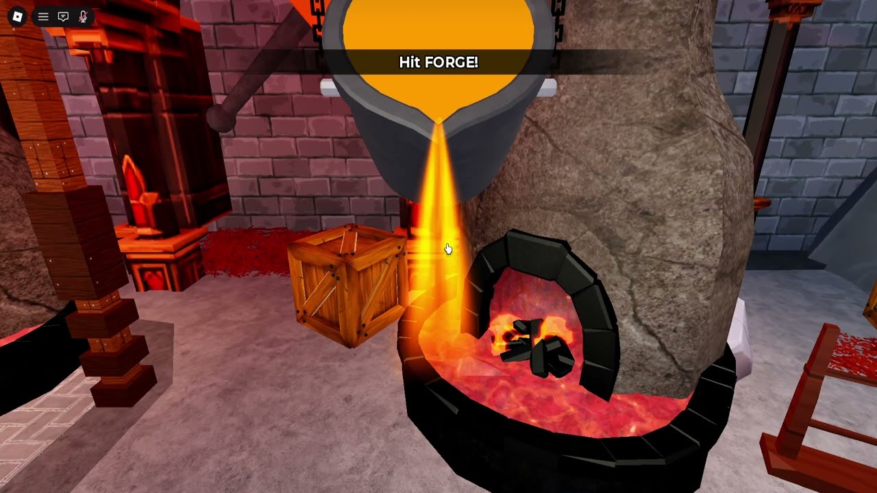 Molten metal pouring from a crucible into the forge basin in +1 Forge Blade Loot, with the Hit FORGE! banner above